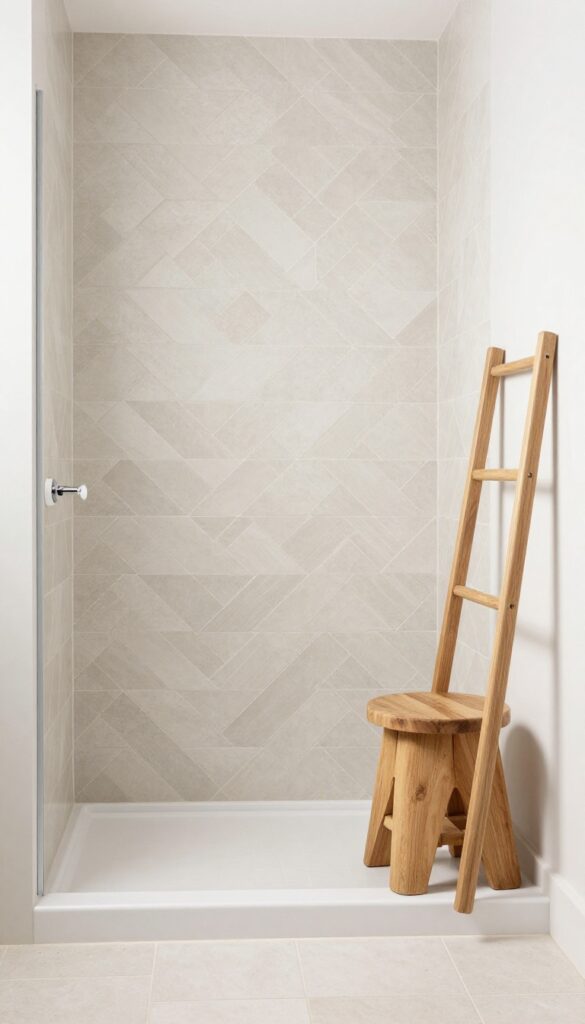 A walk-in tile shower featuring a herringbone layout with neutral ceramic tiles in cream or light gray, arranged at 45-degree angles on one wall. White and chrome fixtures enhance the clean custom look, with a wooden stool for contrast in bright natural light.