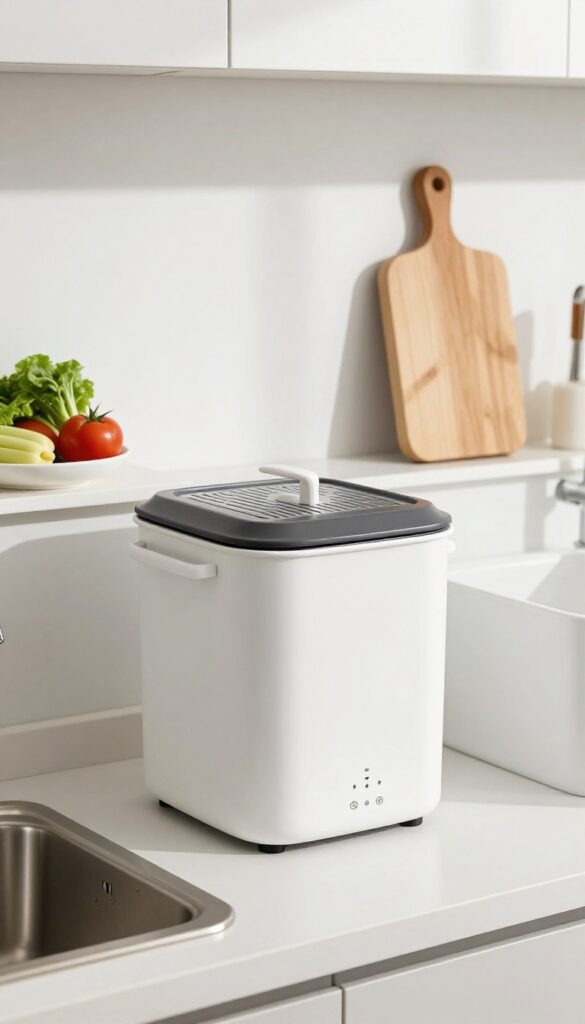 Countertop compost caddy with charcoal filter in a bright kitchen