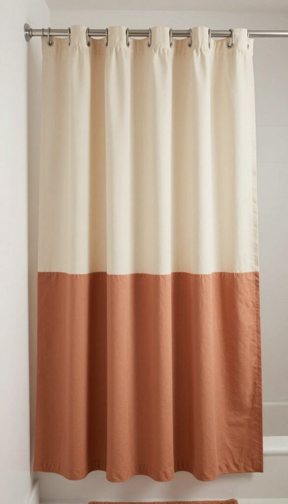 Two-tone shower curtain in cream and terracotta in a bright bathroom with natural light