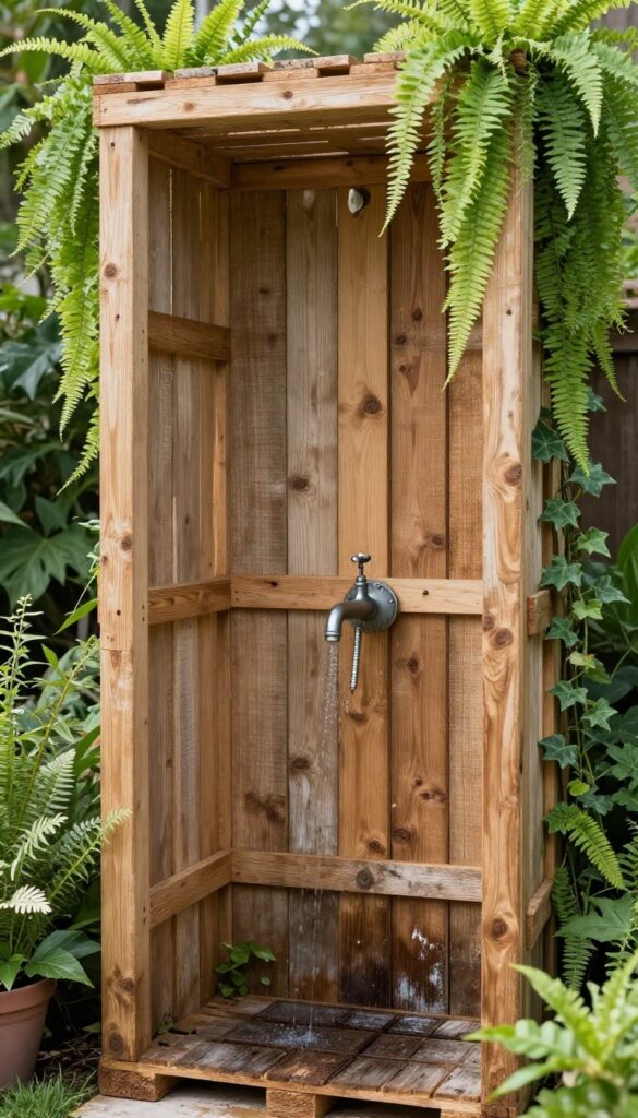 Rustic pallet outdoor shower with weathered wood and vintage faucet in a garden setting