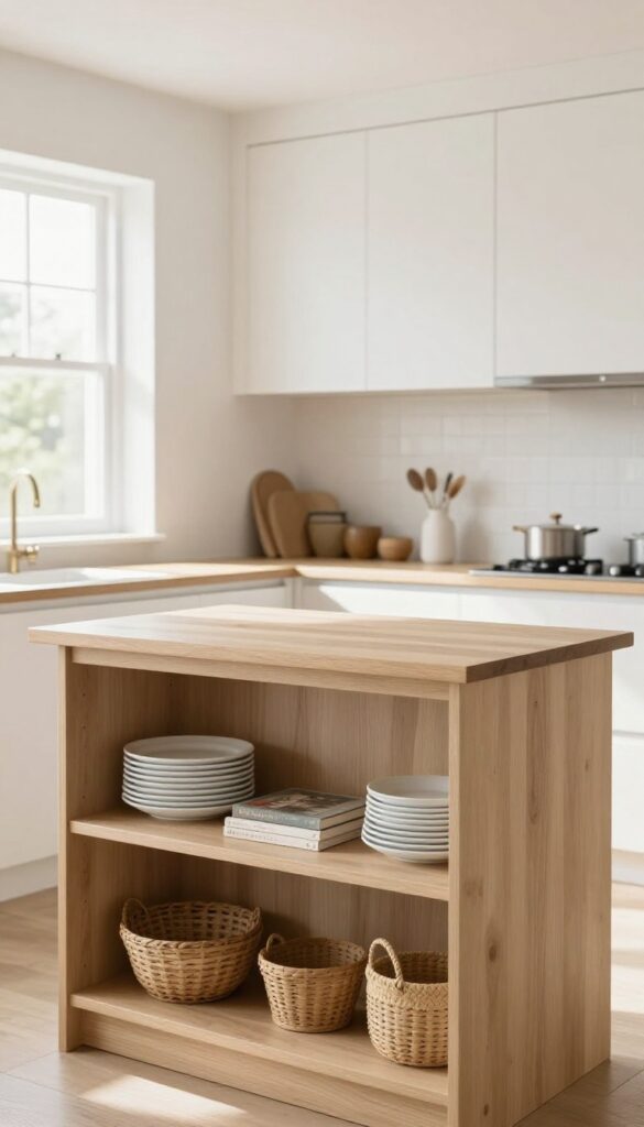 Cozy kitchen island with open shelving for storage, featuring white dishes and woven baskets in a bright, airy space.