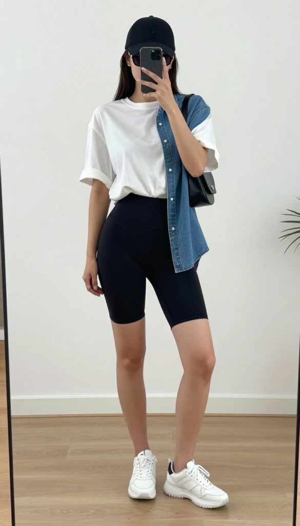 A woman in high-waisted biker shorts and an oversized tee takes a mirror selfie, wearing a baseball cap and sneakers for a sporty casual outfit.