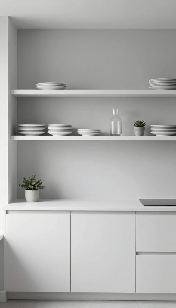 Minimalist kitchen with open shelving displaying white dishes, a glass carafe, and a small plant, plenty of negative space