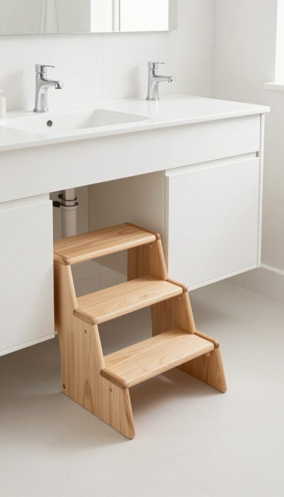 Pull-out wooden step stool under a bathroom vanity for kids to reach the sink safely.