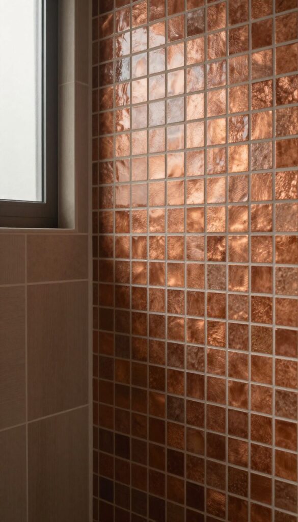Close-up of metallic copper and bronze mosaic tiles on a shower wall, reflecting light to add warmth and luxury in a bathroom setting.