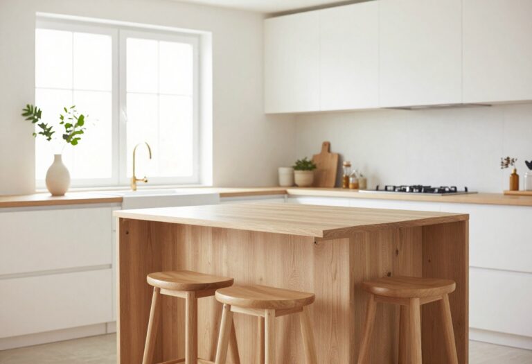 Small kitchen with wall-mounted drop-leaf bar and two stools