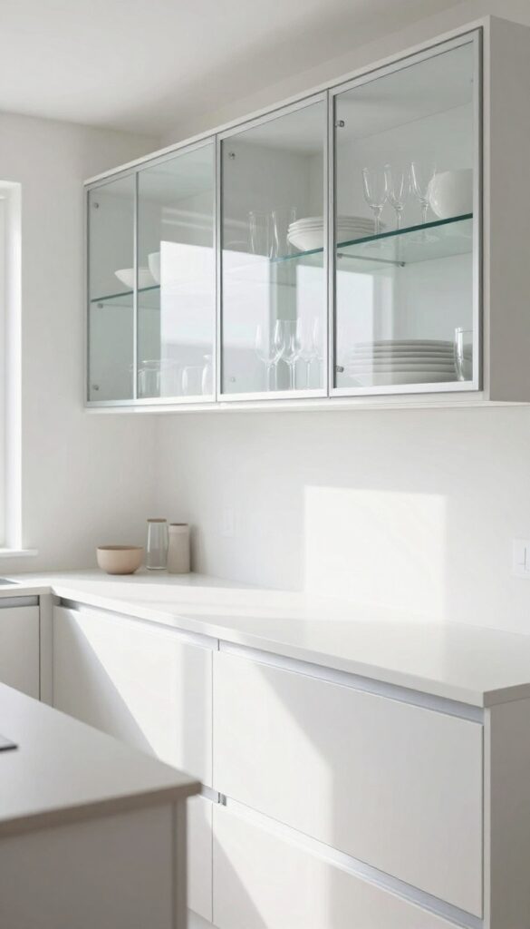 Modern kitchen with glass-front cabinets, white dishes visible inside, natural light creating an open and airy feel.