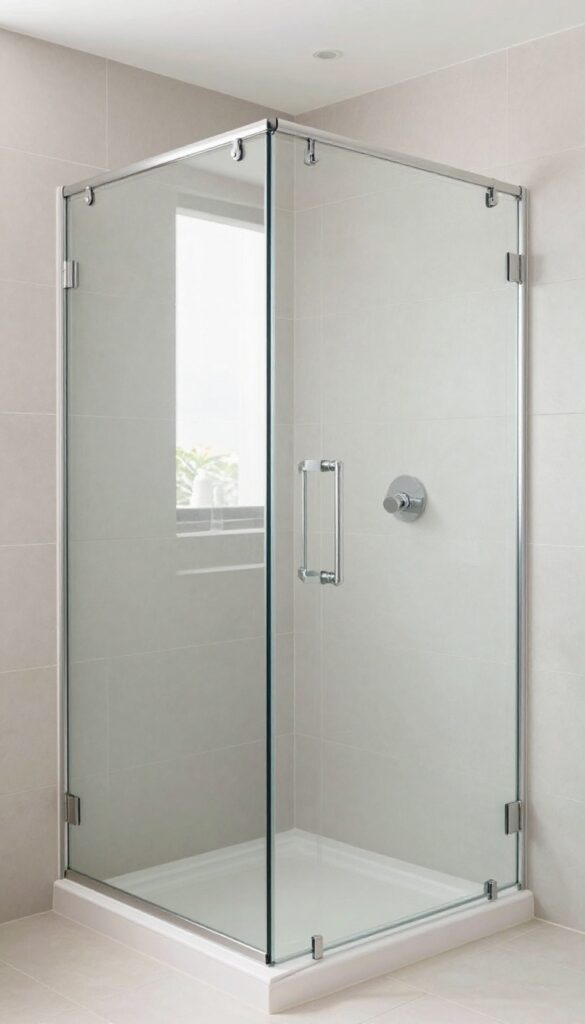 Close-up of a glass door shower with light-colored grout between pale tiles in a bright bathroom to illustrate how it enhances brightness and creates a seamless look.