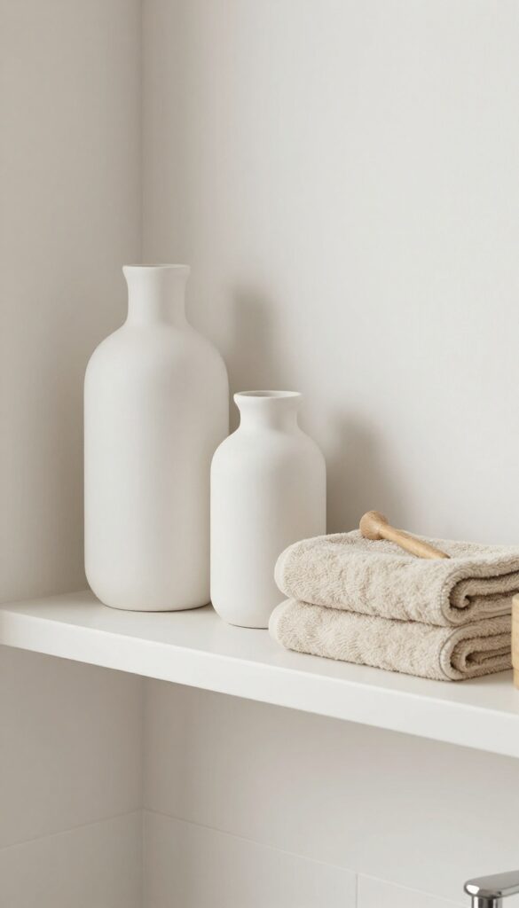 A bathroom shelf styled with simple color-coordinated decor in neutral tones like white and beige, showcasing cohesive arrangement with mixed materials and open space for a calm, balanced display.