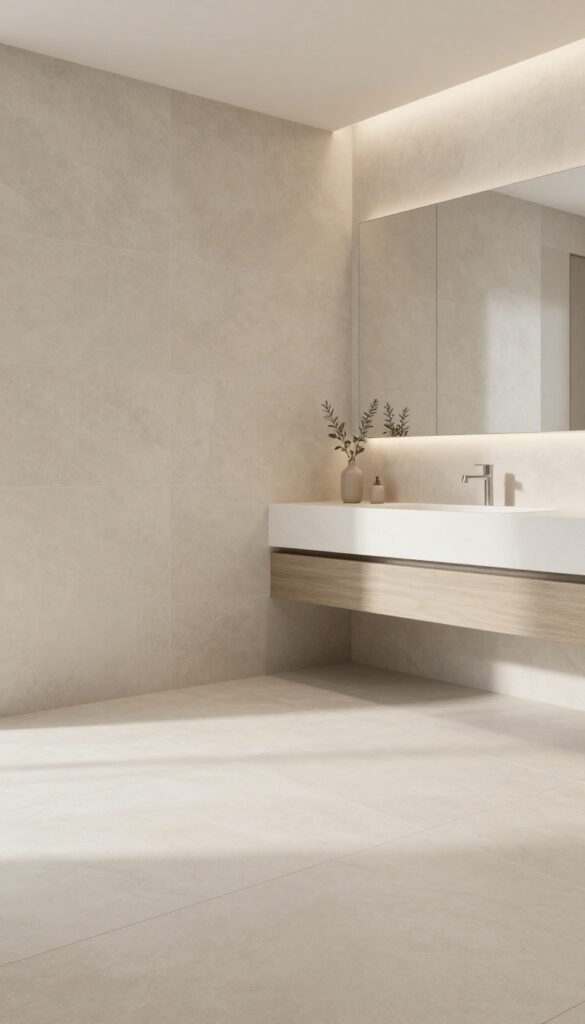 Modern bathroom with large format tiles in neutral tones creating a seamless wall effect for a fresh and spacious look.