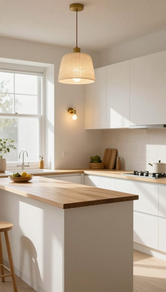 Kitchen island with pendant light and breakfast nook with sconce