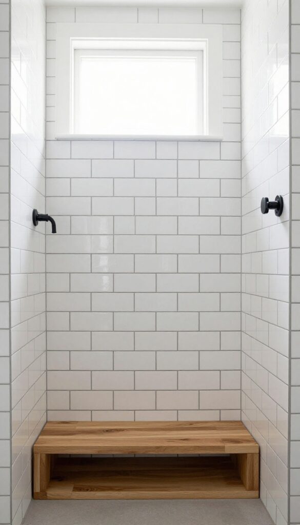 White subway tiles with dark charcoal grout in a bright, clean bathroom shower, showcasing a modern twist on classic design with matte black fixtures and wood accents.