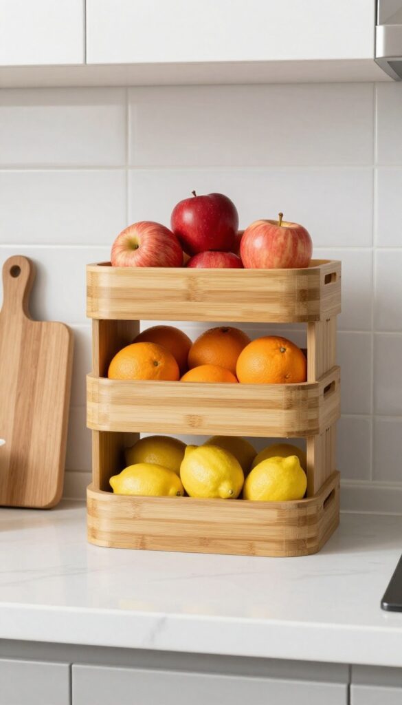 Stackable bamboo bins filled with apples, oranges, and lemons on a kitchen counter