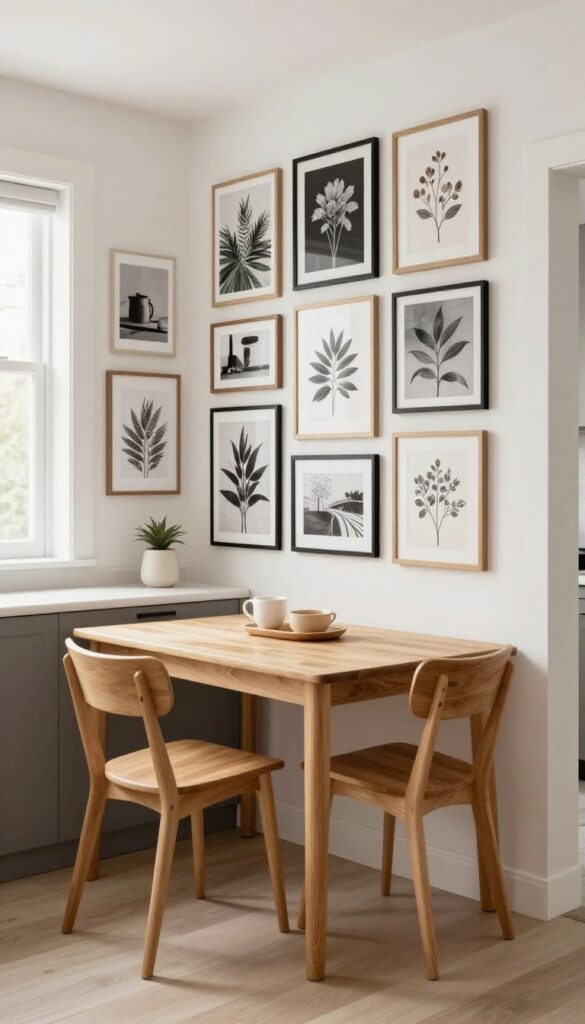 A gallery wall of small framed prints above a breakfast nook in a modern kitchen, featuring black-and-white photos and botanical illustrations in black and wood frames.
