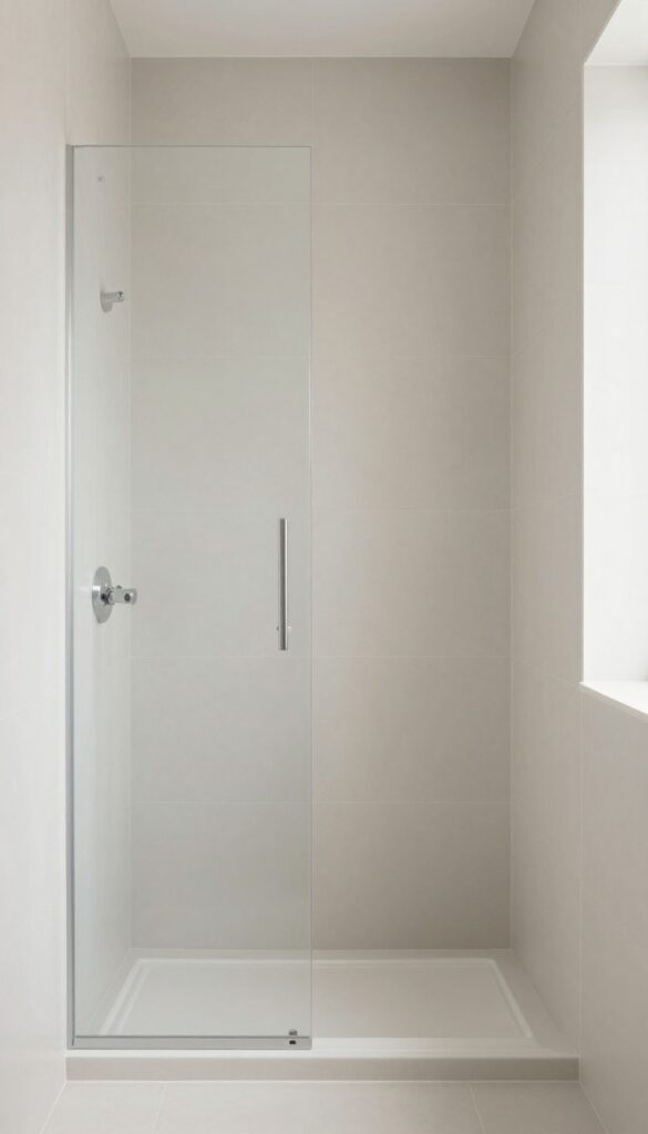 A small walk-in shower featuring large-format tiles with minimal grout lines in neutral tones, designed to create a smooth, continuous surface that makes the space feel larger and more open.