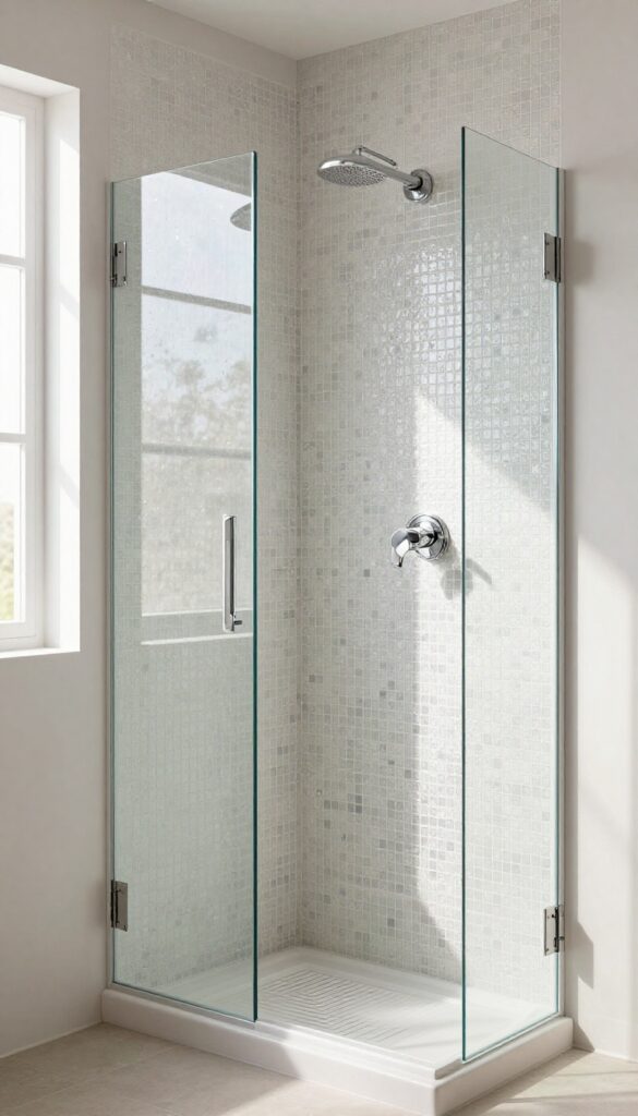 Glass mosaic tiles in a small shower reflecting light to brighten the space, with simple fixtures and neutral decor.