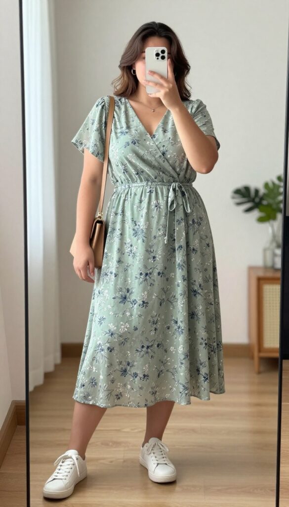 Plus-size woman in a sage green wrap dress with white sneakers, taking a mirror selfie in a bright room.