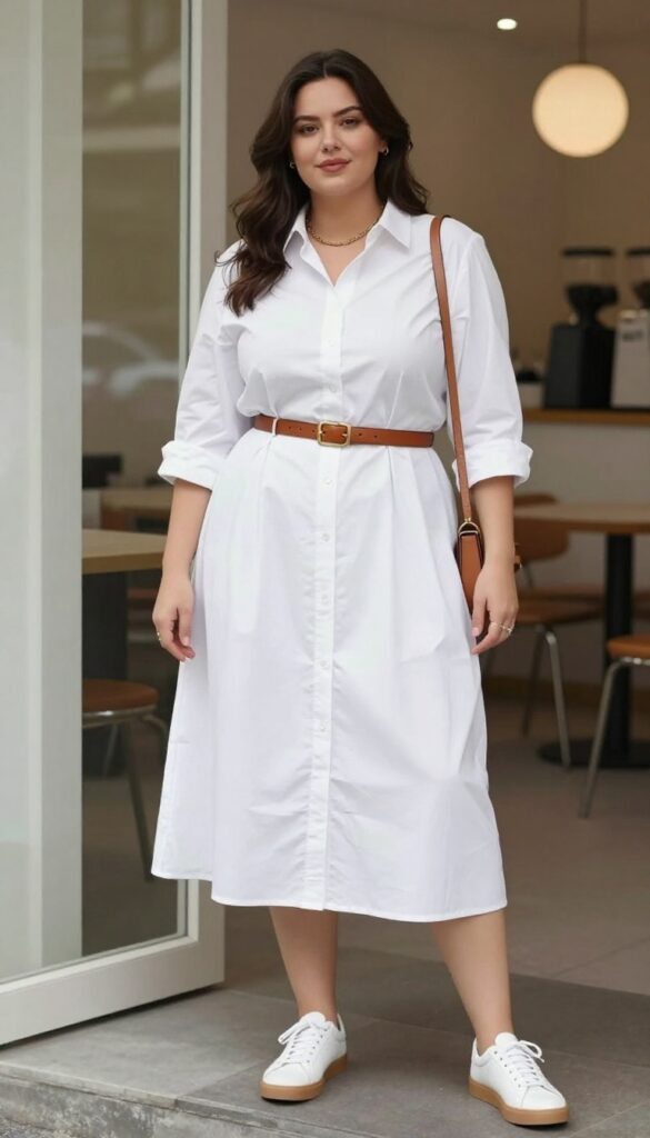 Plus-size woman wearing a belted white shirt dress and white sneakers, standing on a sunlit sidewalk, looking approachable and stylish