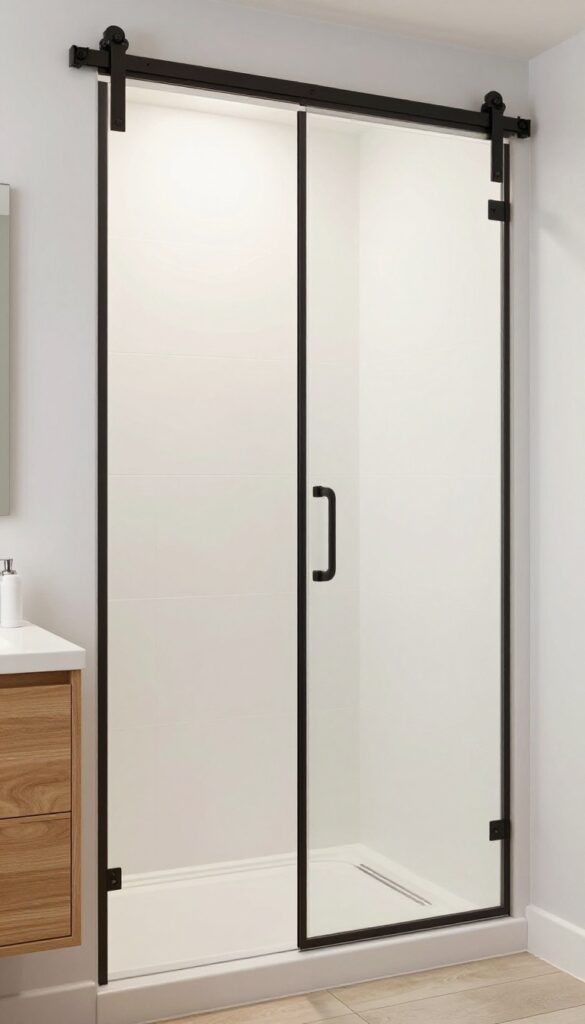 Small bathroom with sliding barn-style glass shower door on black track, warm wood accents, natural light