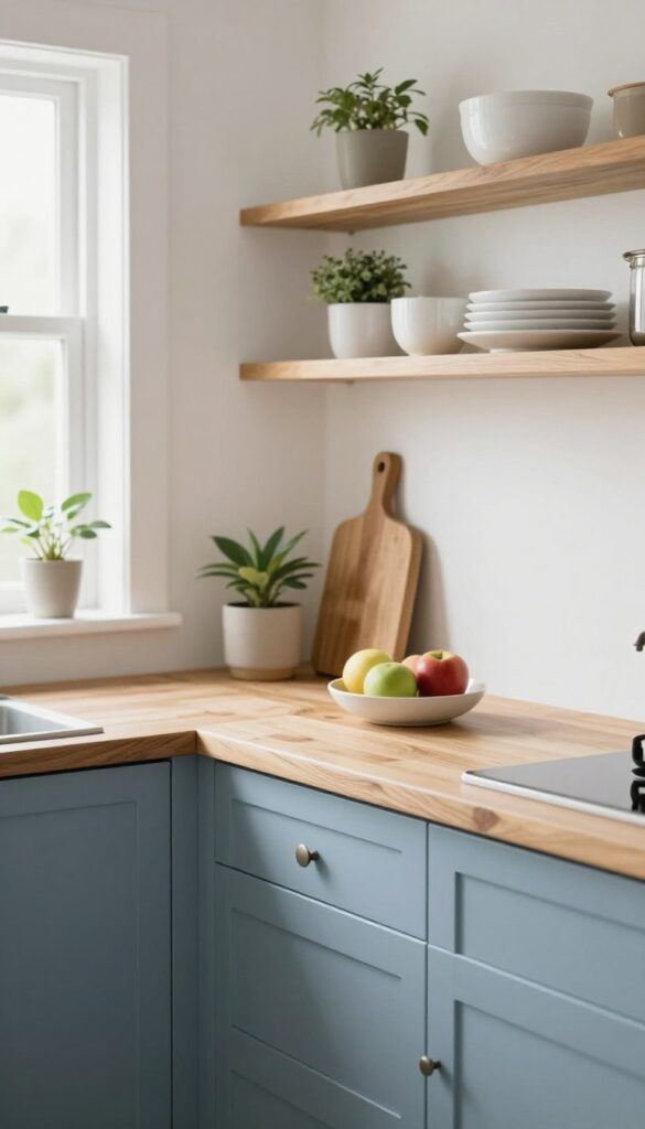 Dusty blue kitchen cabinets paired with natural wood countertops and open shelving in a bright, airy space.