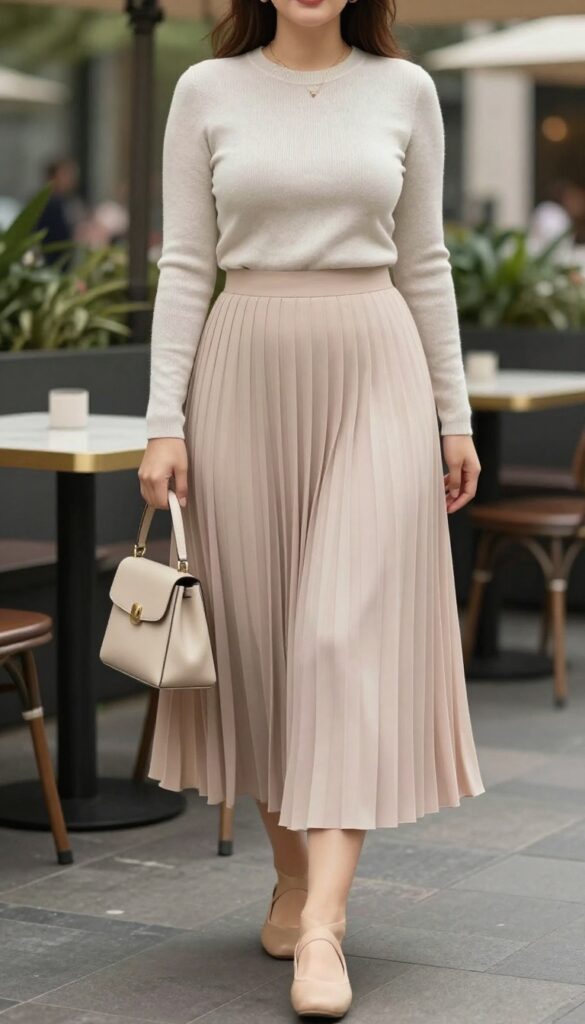 A woman wearing a lightweight knit top and a pleated skirt in a summer outfit, styled with ballet flats and a small handbag in a bright natural setting.