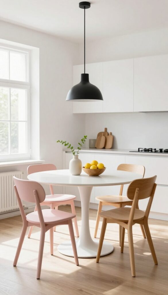 Round white table with mismatched chairs in a bright kitchen
