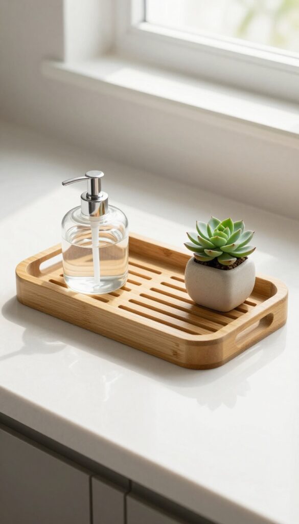 Bamboo slatted soap tray with glass dispenser and succulent on a modern kitchen counter in natural light