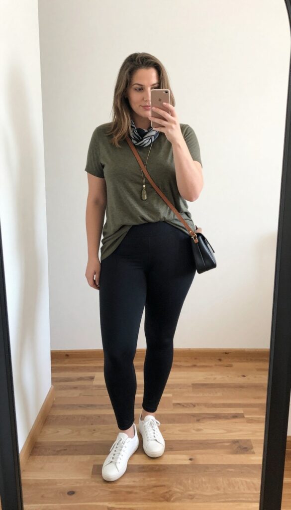 Plus-size mom in black leggings and olive longline tunic taking a mirror selfie, wearing white sneakers and crossbody bag, casual polished outfit.