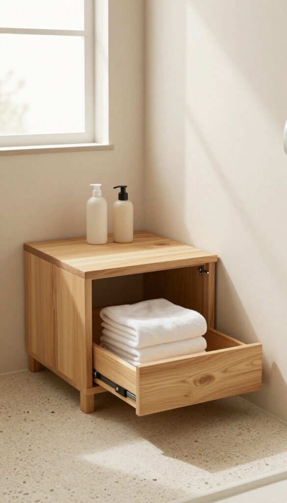 Under-bench drawer in a pebble floor shower with storage for bulk supplies