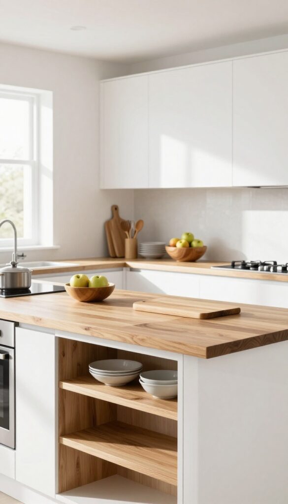 Warm wood accents in a kitchen with butcher block countertop, open wooden shelves, and natural light.