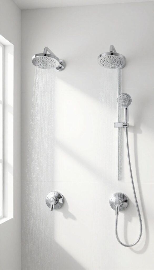 Two round chrome showerheads mounted side by side on a white tiled wall with a center diverter valve, bright natural light, symmetrical composition.