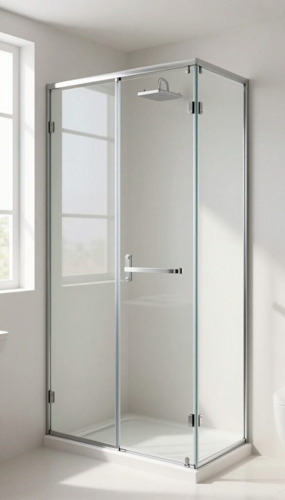 A semi-frameless sliding shower door with chrome accents in a small bathroom, designed for tight layouts with bright natural light and clean composition.