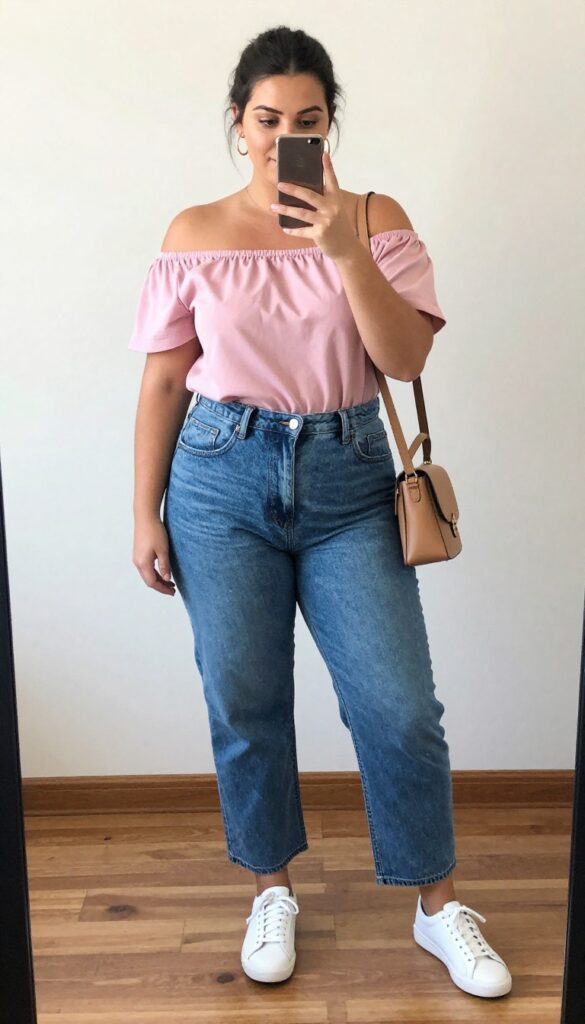 Plus-size woman in off-shoulder pink top and high-waisted jeans taking a mirror selfie, rectangle body shape outfit idea.