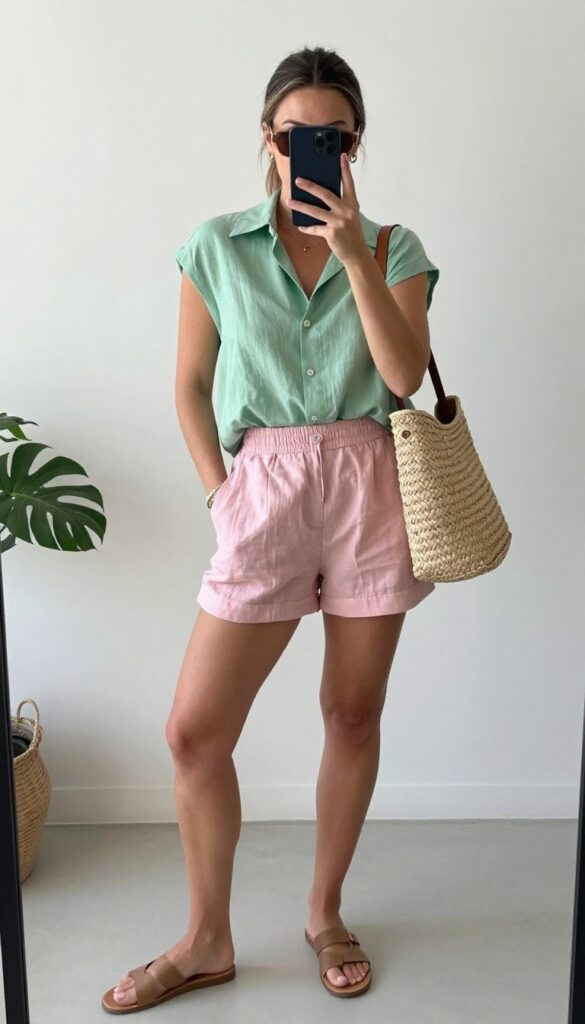 A woman in a matching blush pink co-ord set with a cropped top and high-waisted shorts, posing in a mirror selfie in a bright room, wearing slides and a woven tote.