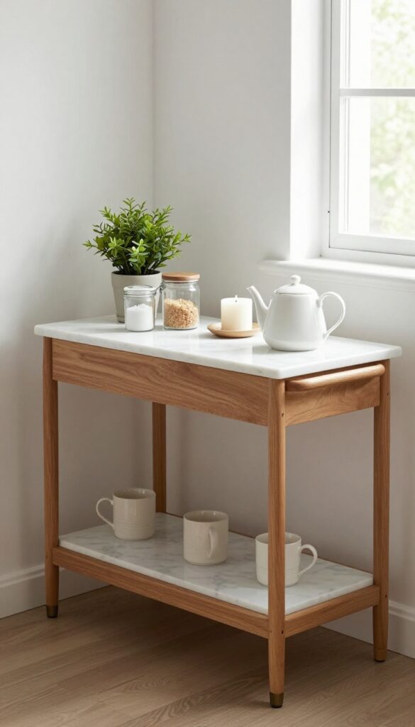 Marble top trolley as mobile tea station in bright kitchen