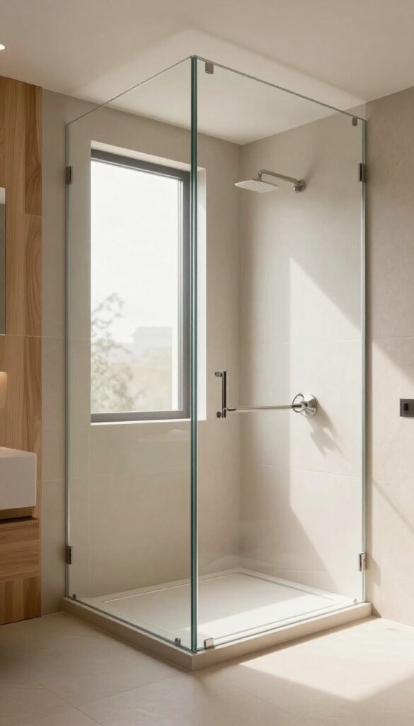 Floor-to-ceiling clear glass shower panel in a bright, warm-toned bathroom with natural light reflecting off the glass.