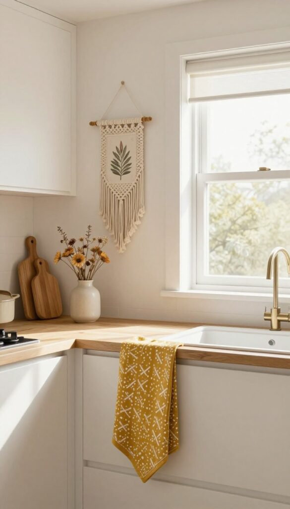 Cozy Sims kitchen with personal touches like art and textiles, featuring a framed print, macrame wall hanging, and patterned tea towel