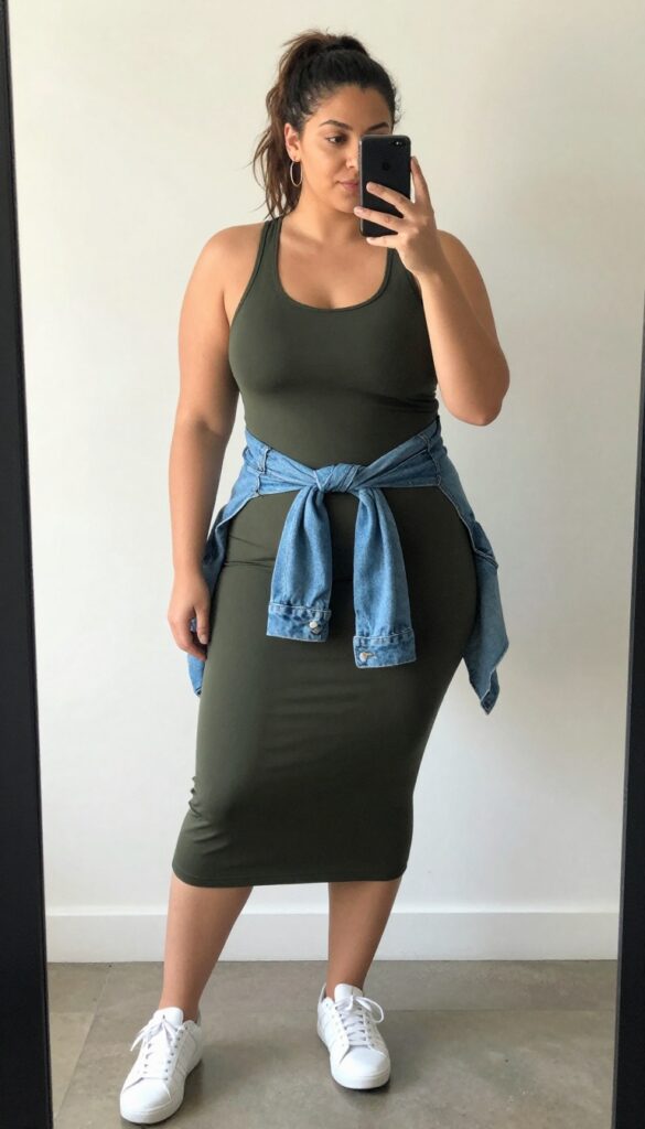Plus-size woman in a fitted sporty dress and white sneakers, with a denim jacket tied at her waist, taking a mirror selfie in a bright setting.