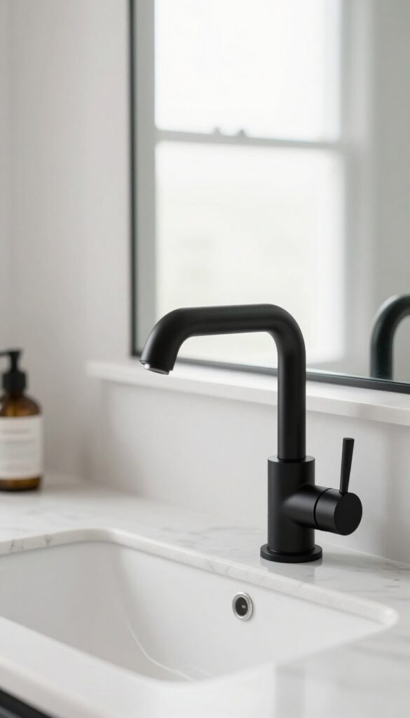 Close-up of matte black bathroom fixtures including faucet and handles against white surfaces in natural light