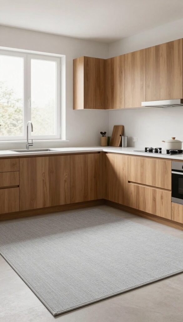 Custom-sized rug fitting perfectly in an L-shaped kitchen with peninsula, creating a clean and intentional look.