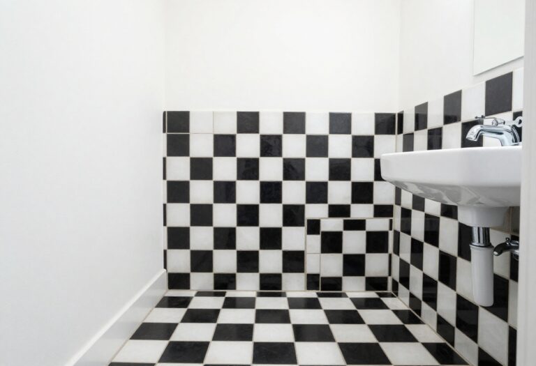 Small bathroom with black and white checkerboard floor tiles in bright natural light