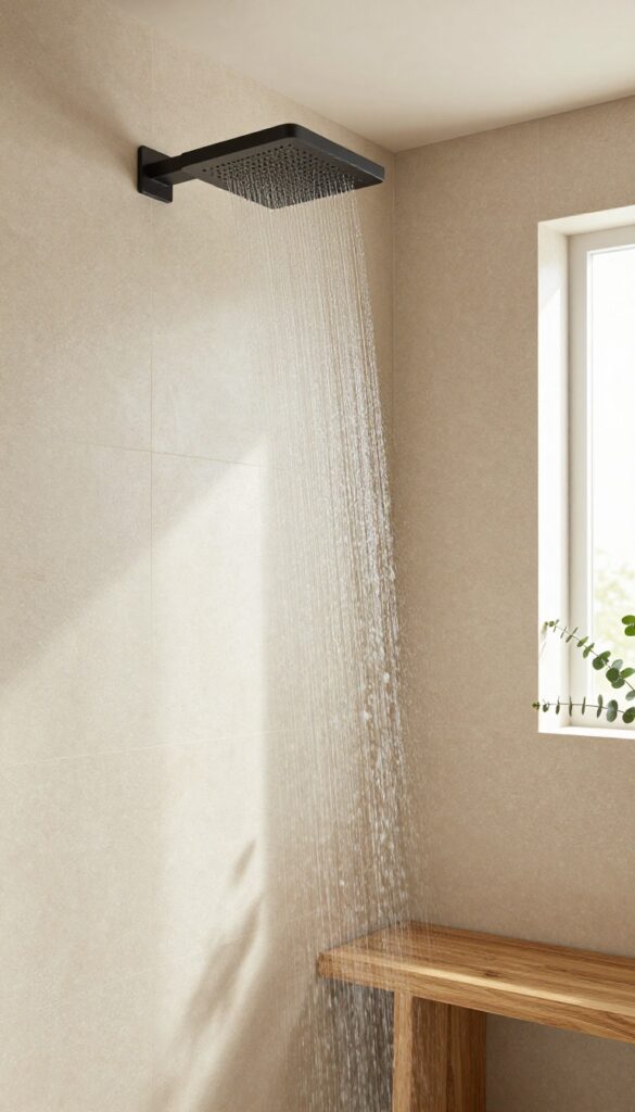 Waterfall faucet in a modern walk-in shower with stone tiles and teak bench