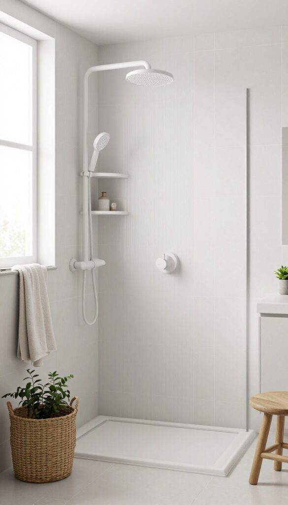A monochrome standing shower with white and gray ribbed tiles under bright natural light, featuring matte fixtures and woven accessories for a neat and timeless bathroom look.