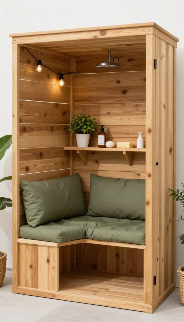 A photorealistic outdoor corner nook shower with built-in bench, showcasing wooden structure, olive green cushions, shelf with toiletries, string lights, and potted plant in bright natural light.