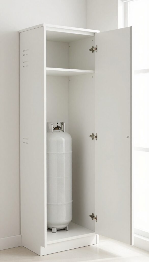 Modern kitchen corner cabinet with open door revealing a dedicated gas cylinder nook on a fixed shelf, with ventilation grilles and natural light.
