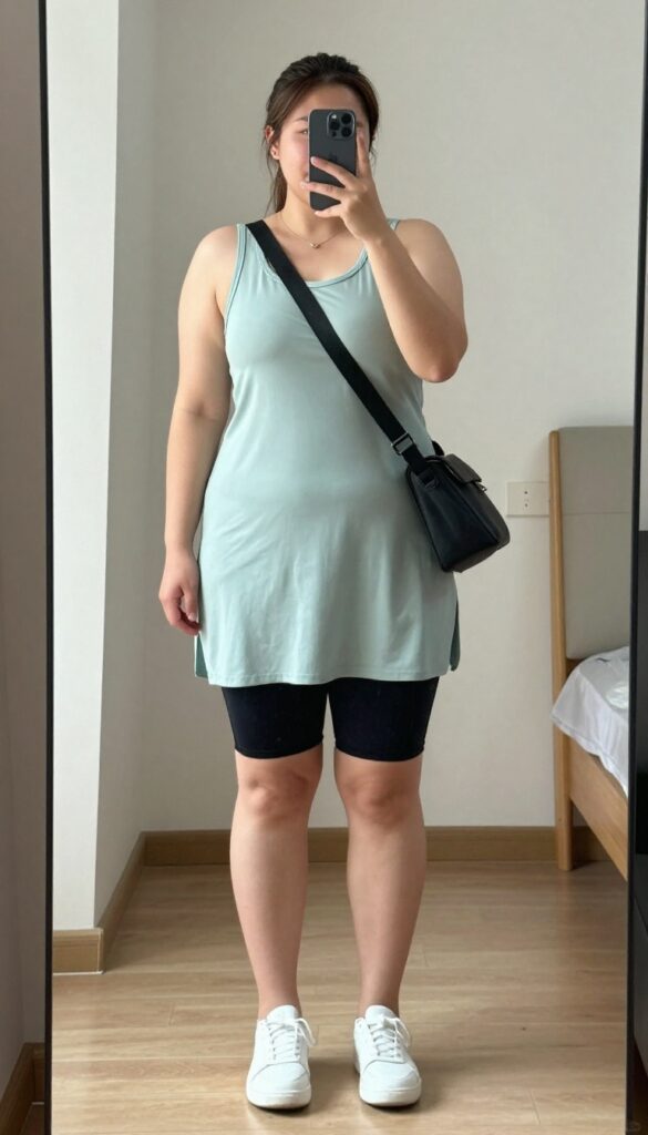 Plus-size woman in a tank dress over workout shorts, taking a mirror selfie. She wears a loose ponytail and slip-on sneakers, with a crossbody bag. Bright natural light, clean interior.