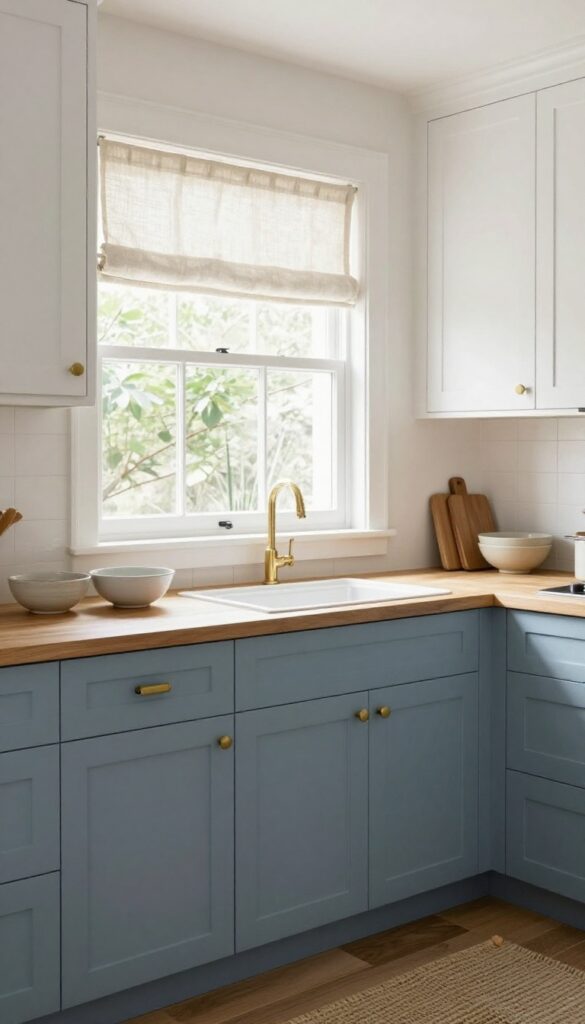 Bright kitchen with dusty blue lower cabinets and white uppers, natural light, wooden countertop, ceramic accents, linen curtains.