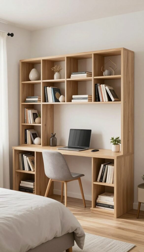 A bookcase divider with a solid back panel in a bright, stylish bedroom, separating sleeping and work areas with closed and open shelving for storage.