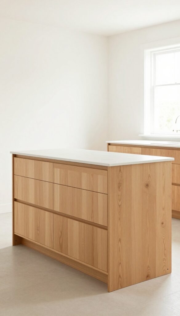 Cozy kitchen island with deep drawers for hidden organization, seating area, warm wood fronts, bright natural light, clean and uncluttered