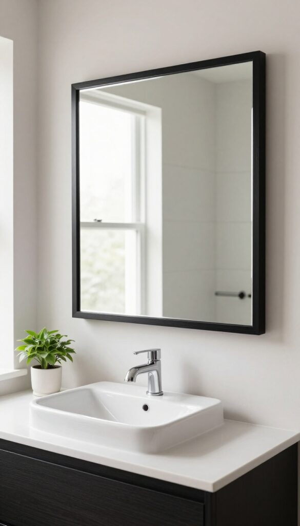 A framed bathroom mirror with matte black trim in a bright, clean bathroom setting, showcasing an inexpensive upgrade that looks high-end.